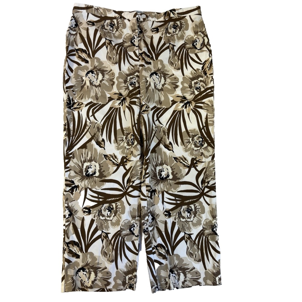 Valerie Steven's Women's 16W Brown Floral Cropped Pants BOHO Coastal Grandma
